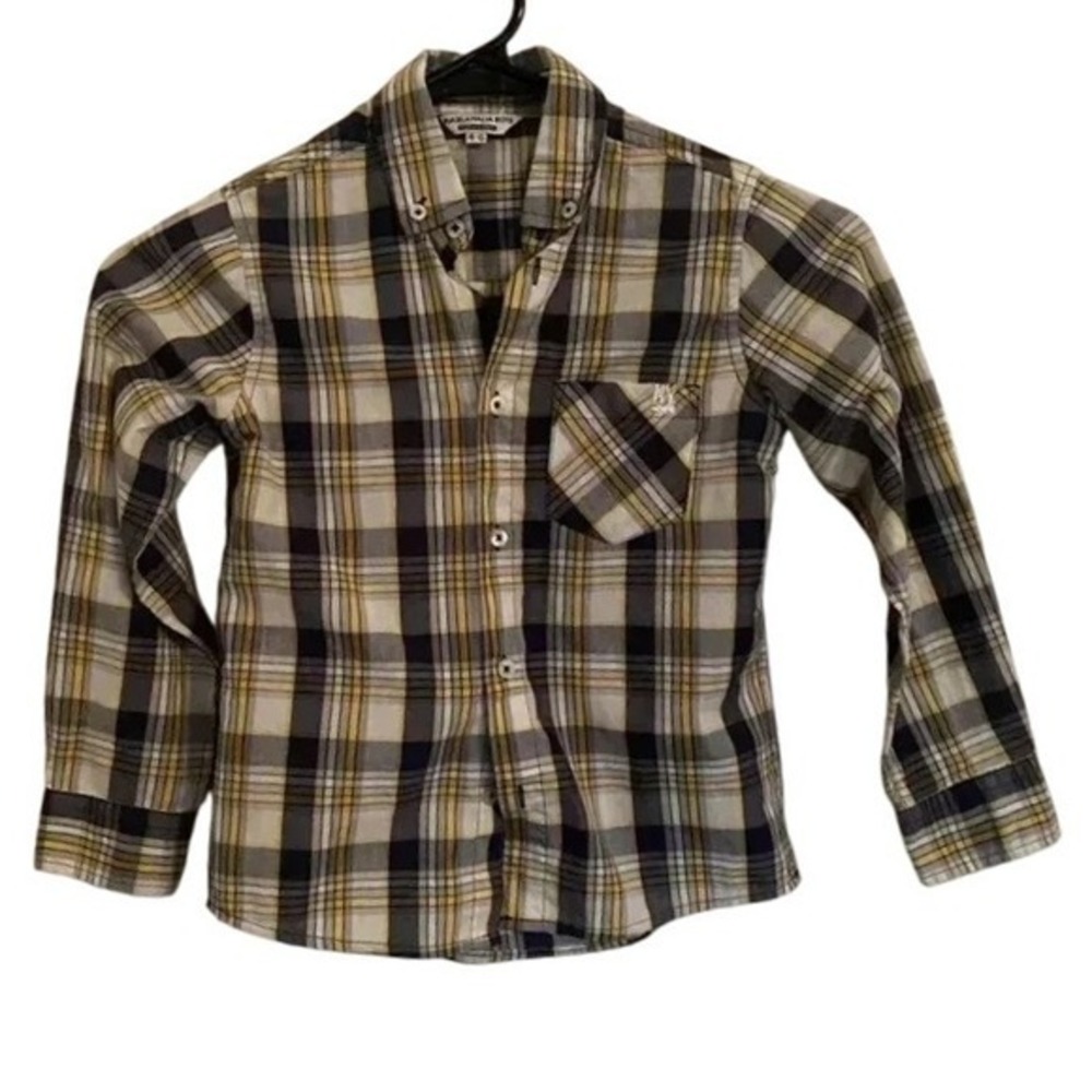 PLAZA ITALIA Boys Dress Shirt Gray, Yellow Blue Button Down Size 4/5 Flannel